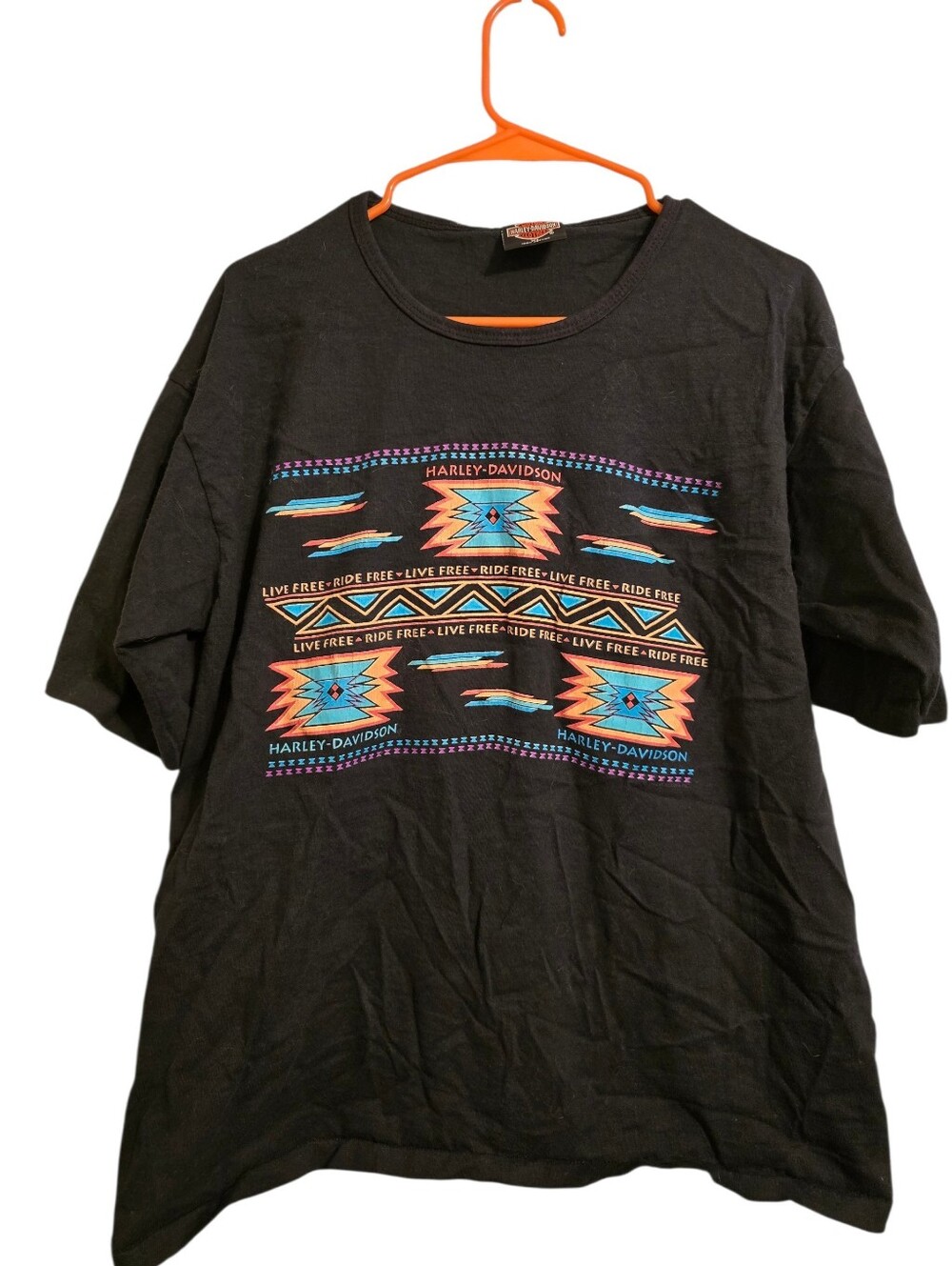 Harley-Davidson Black Tee with Orange, Turquoise & Purple Aztec Graphic